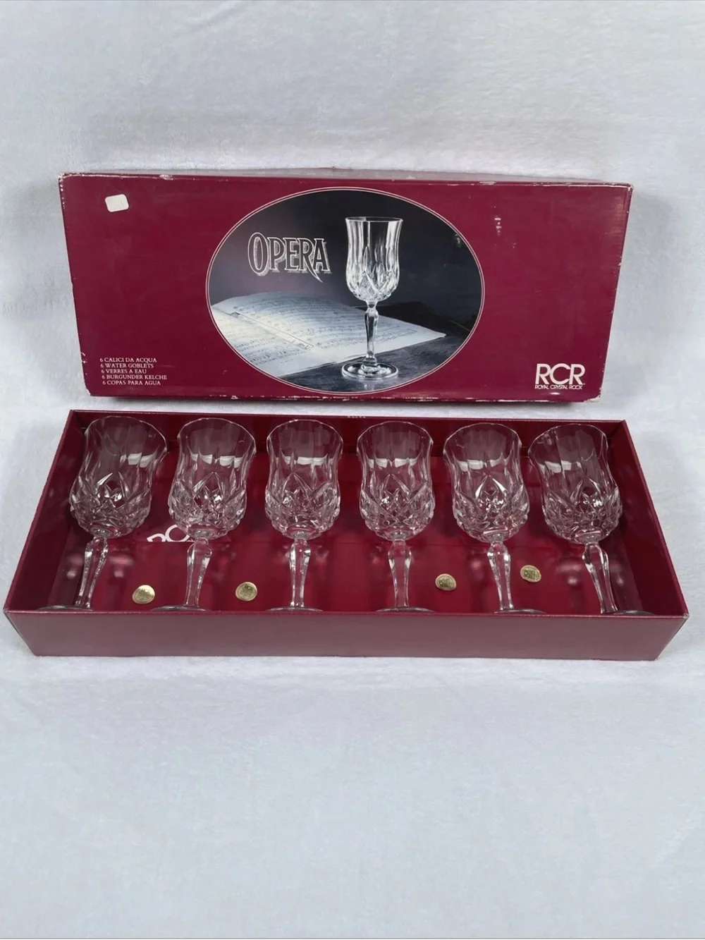 SET OF 6 Royal Crystal Rock RCR Opera Water Goblet Glasses 7.5” H Made In Italy
